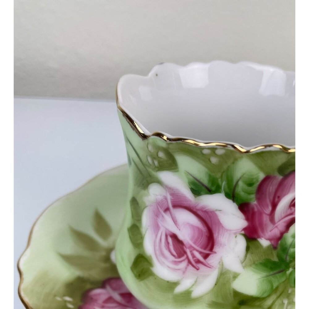 Lefton China Hand Painted Green & Pink Rose Teacup & Saucer Set, Gold Vintage - Picture 4 of 16